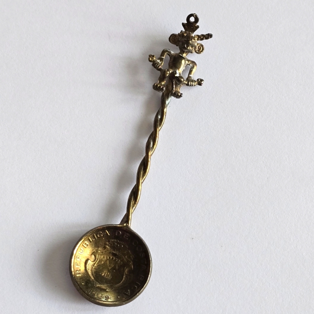 Vintage Costa Rica spoon coin bowl figural Pre-Columbian gold tone 1969